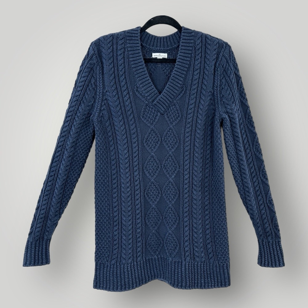 LL Bean Signature Sweater Womans Small Blue Cotton Fisherman V-Neck Cable Knit